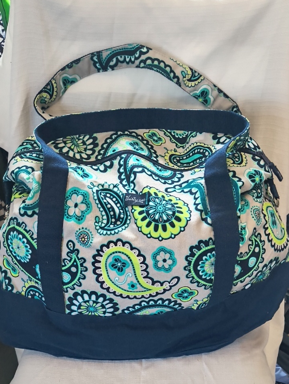 Thirty-One Retro Metro Paisley Canvas Travel Duffel Bag in Teal and Navy